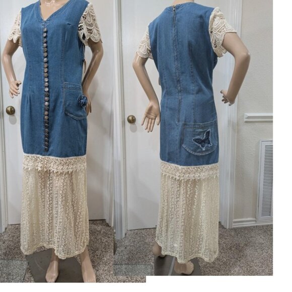 UPCYCLED Denim Over Lace Dress Size M Back Zip Metal Button Detailing 2 Pockets - Picture 1 of 6